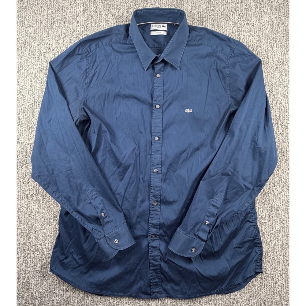 Lacoste Button Down Shirt Men XL Navy Blue Slim Fit Stretch Long Sleeve F70569